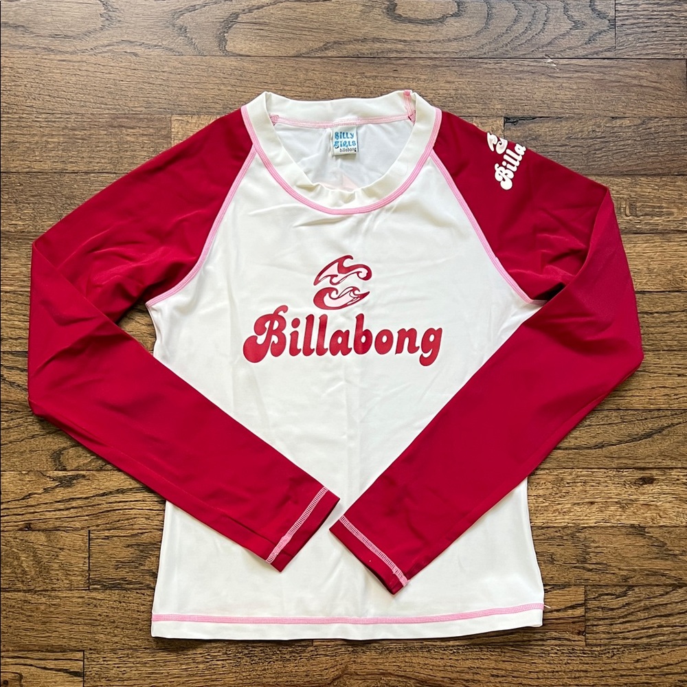 Billabong White and Red Long Sleeve Surf Rash Guard